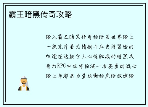 霸王暗黑传奇攻略